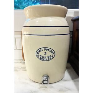 Vintage Miali Pottery Pale Yellow W/ Blue Stripe 2 Gallon Water Cooler Crock